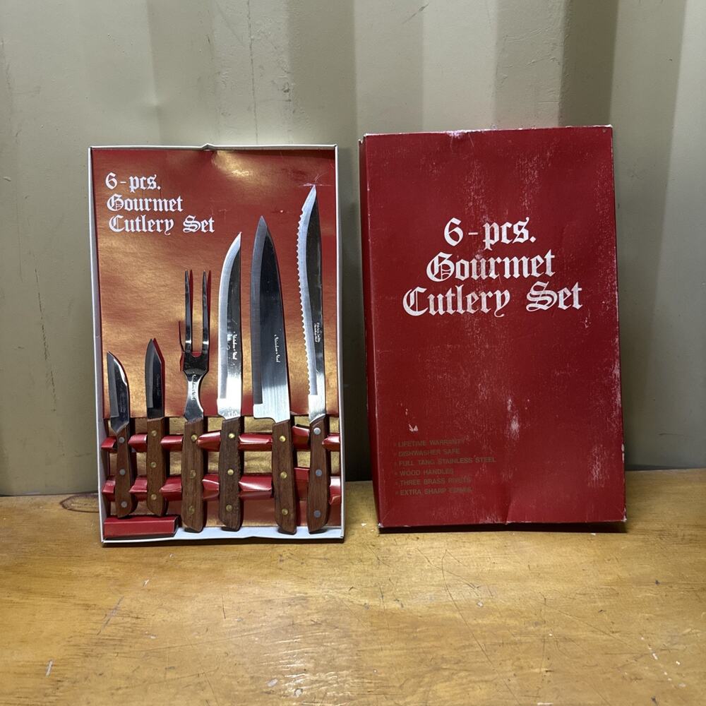 Vintage Japan Stainless Steel 6 Piece Gourmet Cutlery Set Wood Handle